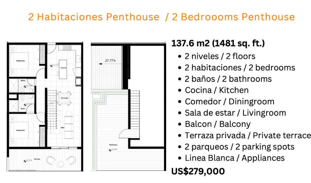 Penthouse: 2 спальни + гостиная, Cocotal Golf Club - купить