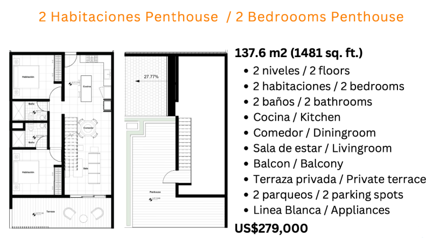 Penthouse: 2 спальни + гостиная, Cocotal Golf Club - купить